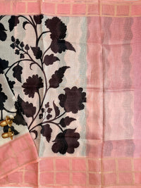 Premium Soft Semi Tussar Kota Weaving with Digital Prints - Cream with Peach