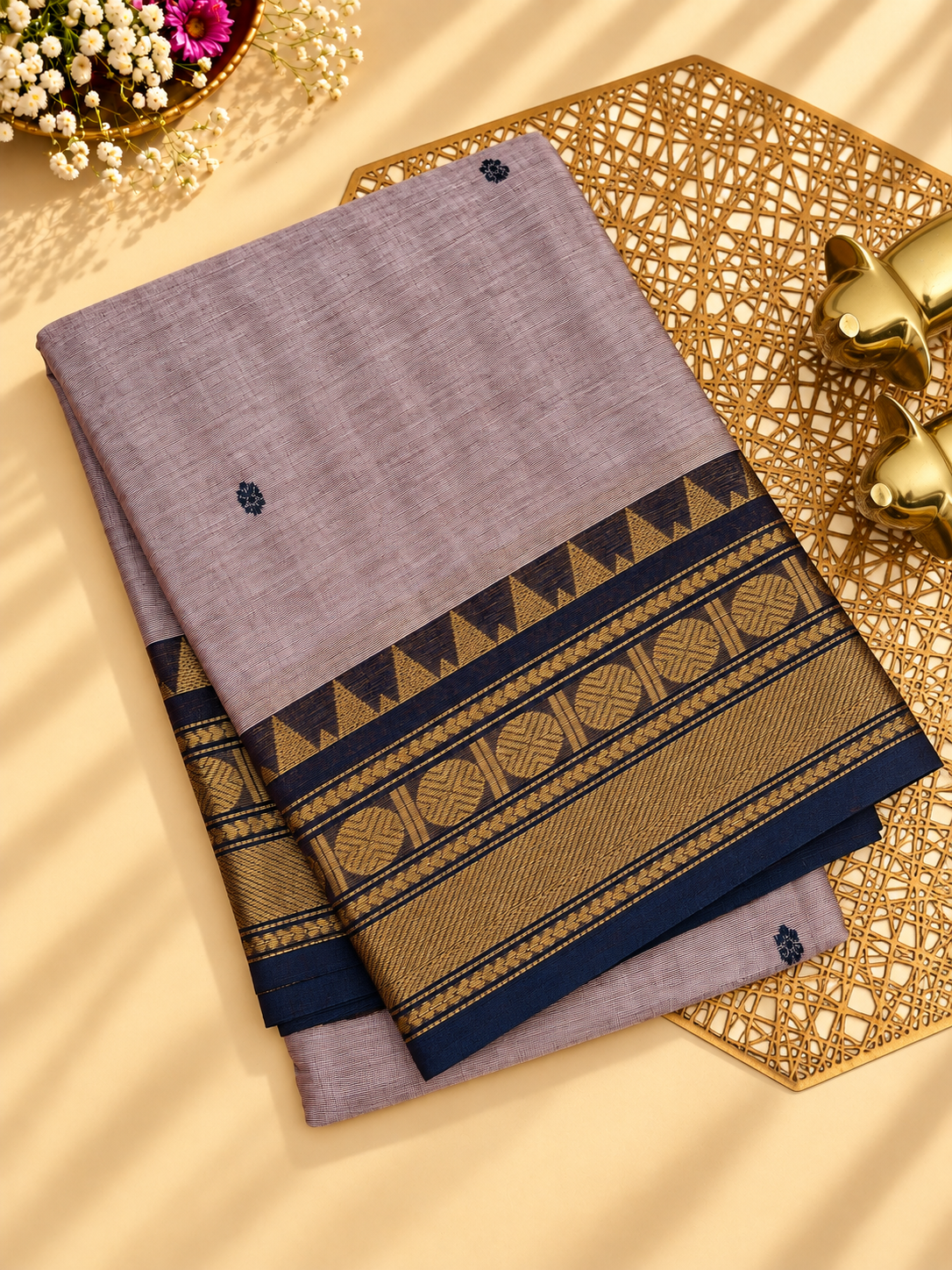 Chettinad Cotton Sarees - Dual Shade of Onion Pink with Dark Blue