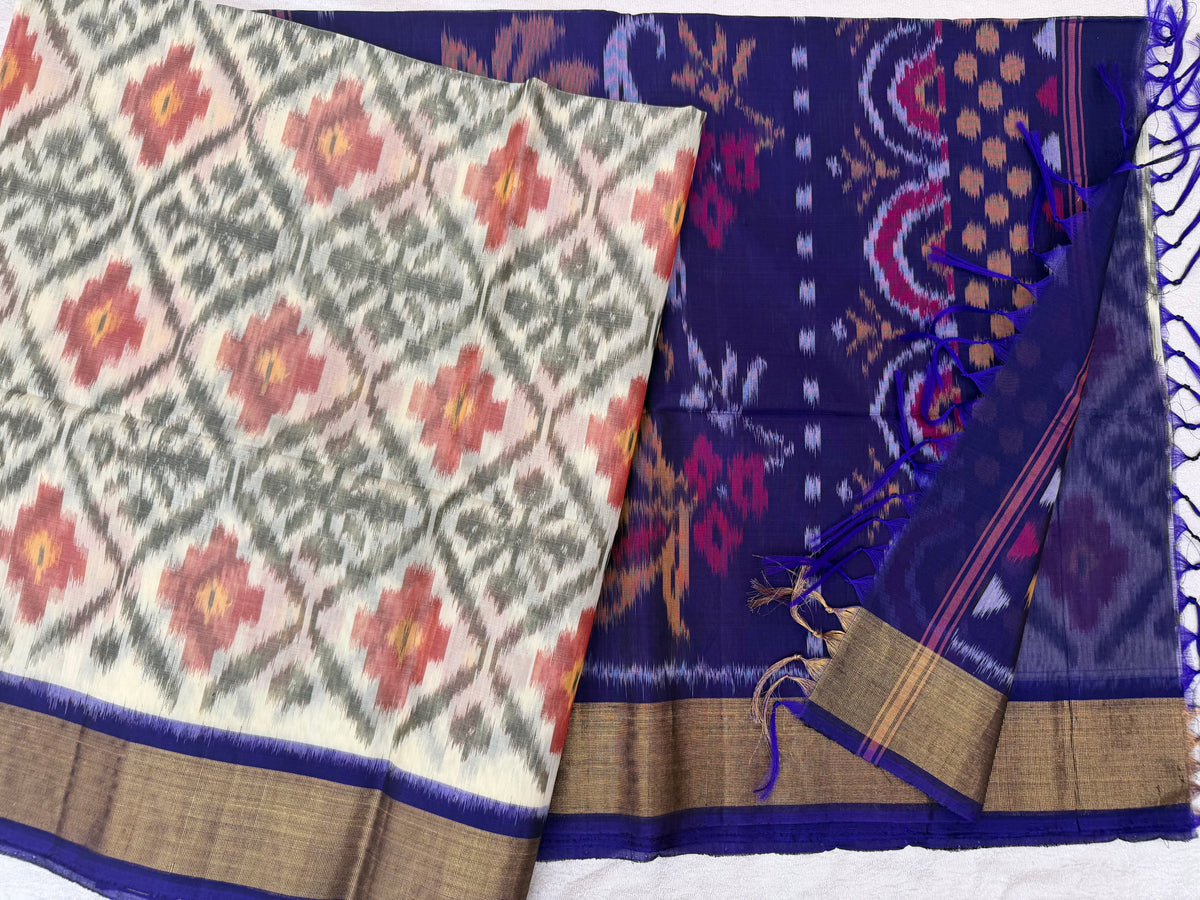 Cream with Blue Pochampally Ikkat Silk Cotton (SICO Pattu)