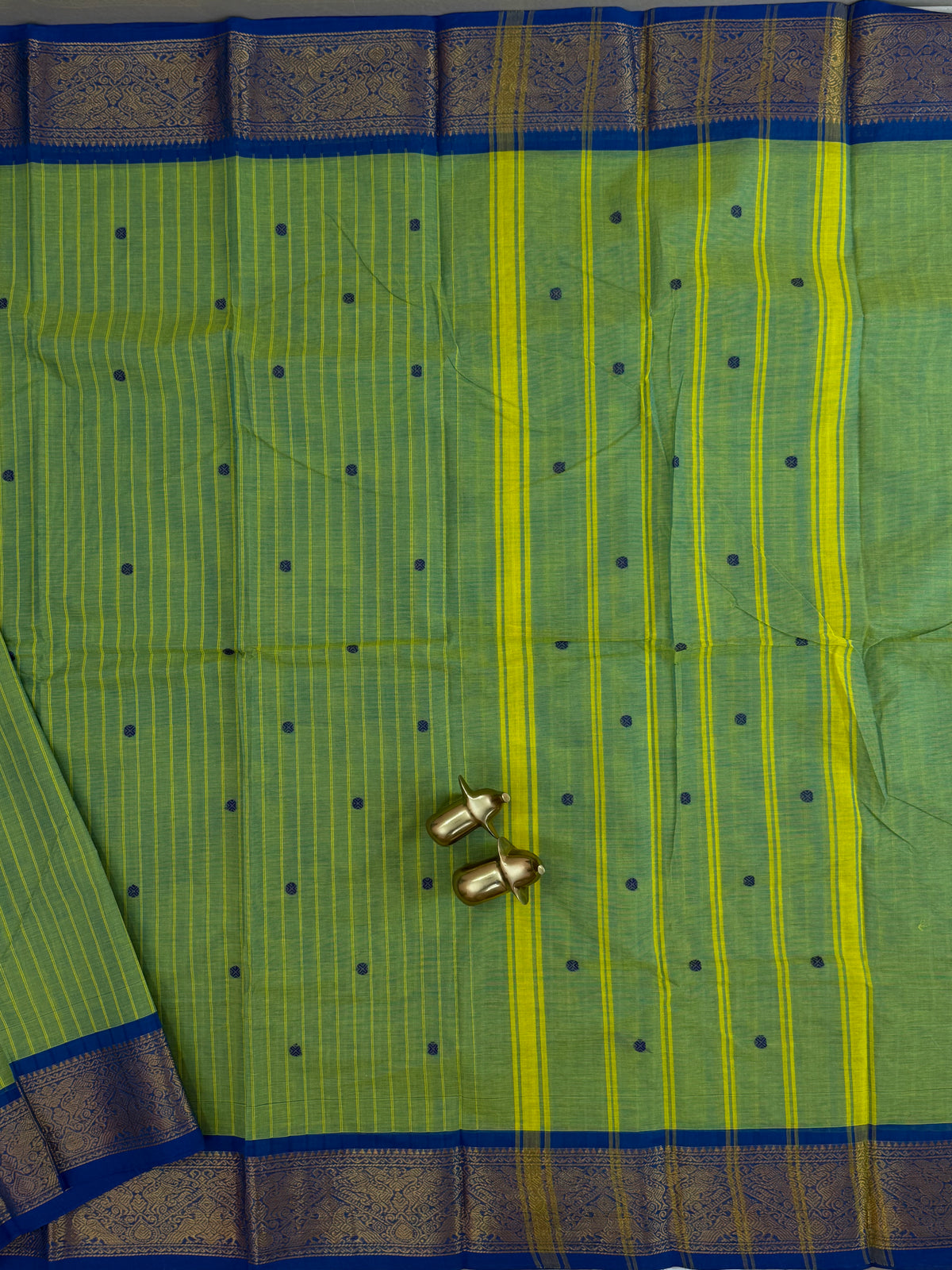 Chettinad Cotton Saree - Green with Blue Stripes