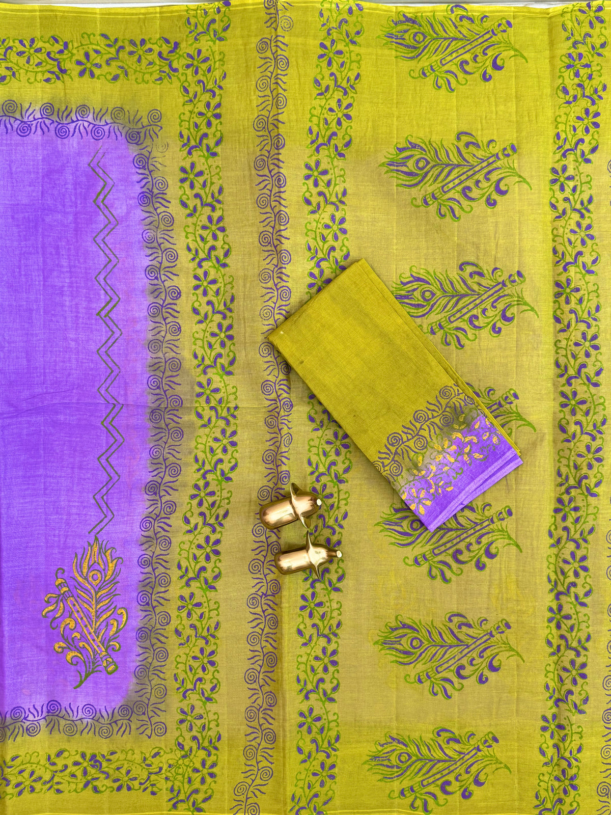 Pure Cotton with Hand Block Prints - Purple with Green