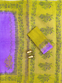 Pure Cotton with Hand Block Prints - Purple with Green