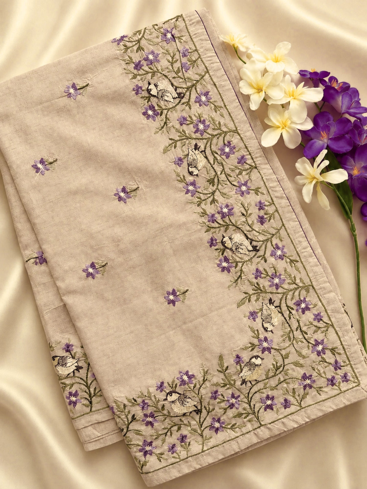 Premium Semi Tussar Zari Woven with Beautiful Emboridery Saree - Cream with Purple