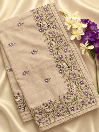 Premium Semi Tussar Zari Woven with Beautiful Emboridery Saree - Cream with Purple