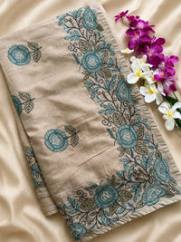 Premium Semi Tussar Zari Woven with Beautiful Emboridery Saree - Cream with Blue