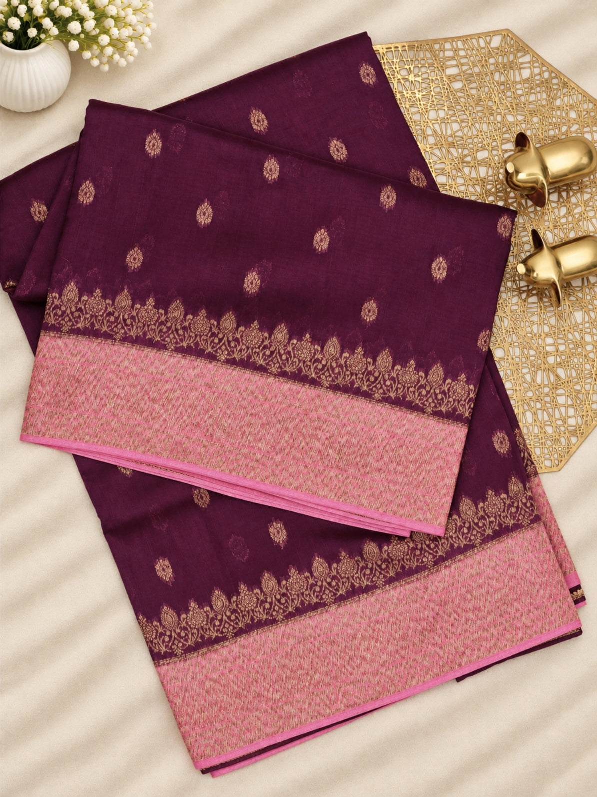Jute Banarasi Silk Saree -  Wine with Pink