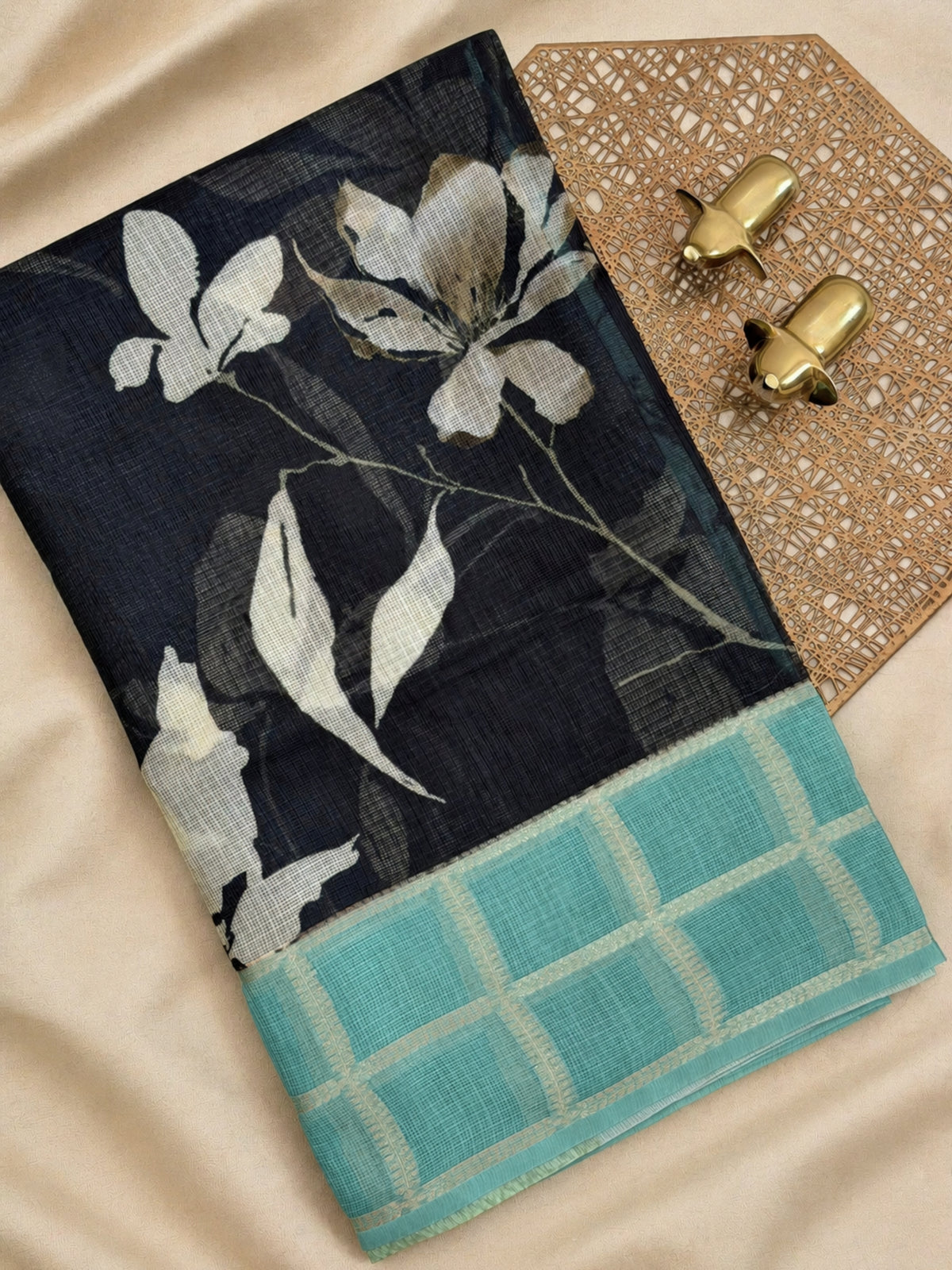 Premium Soft Semi Tussar Kota Weaving with Digital Prints - Black with Sea Green