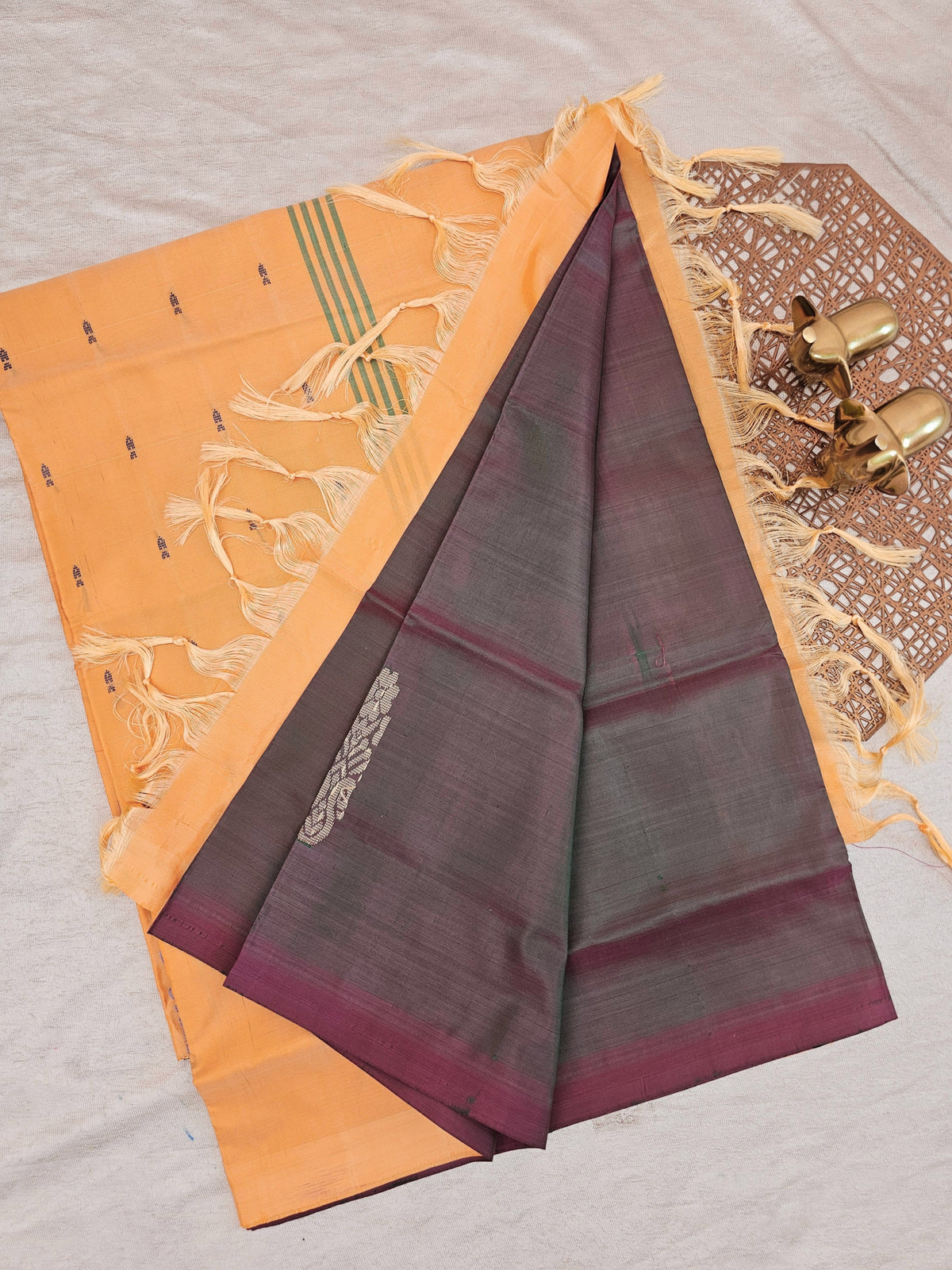 Dual Shade of Purple cum Green with Sandal Yellow Chinnalampattu Saree with Blouse