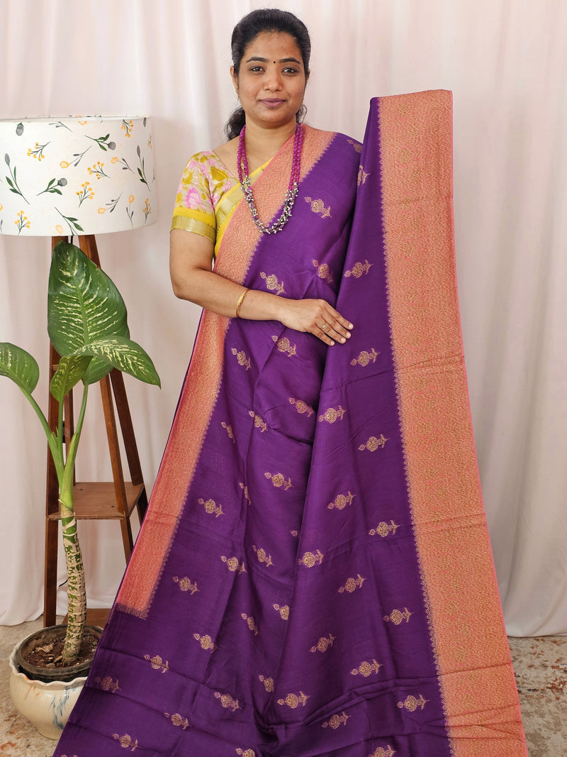 Jute Banarasi Silk Saree - Magenta Pink with Peach