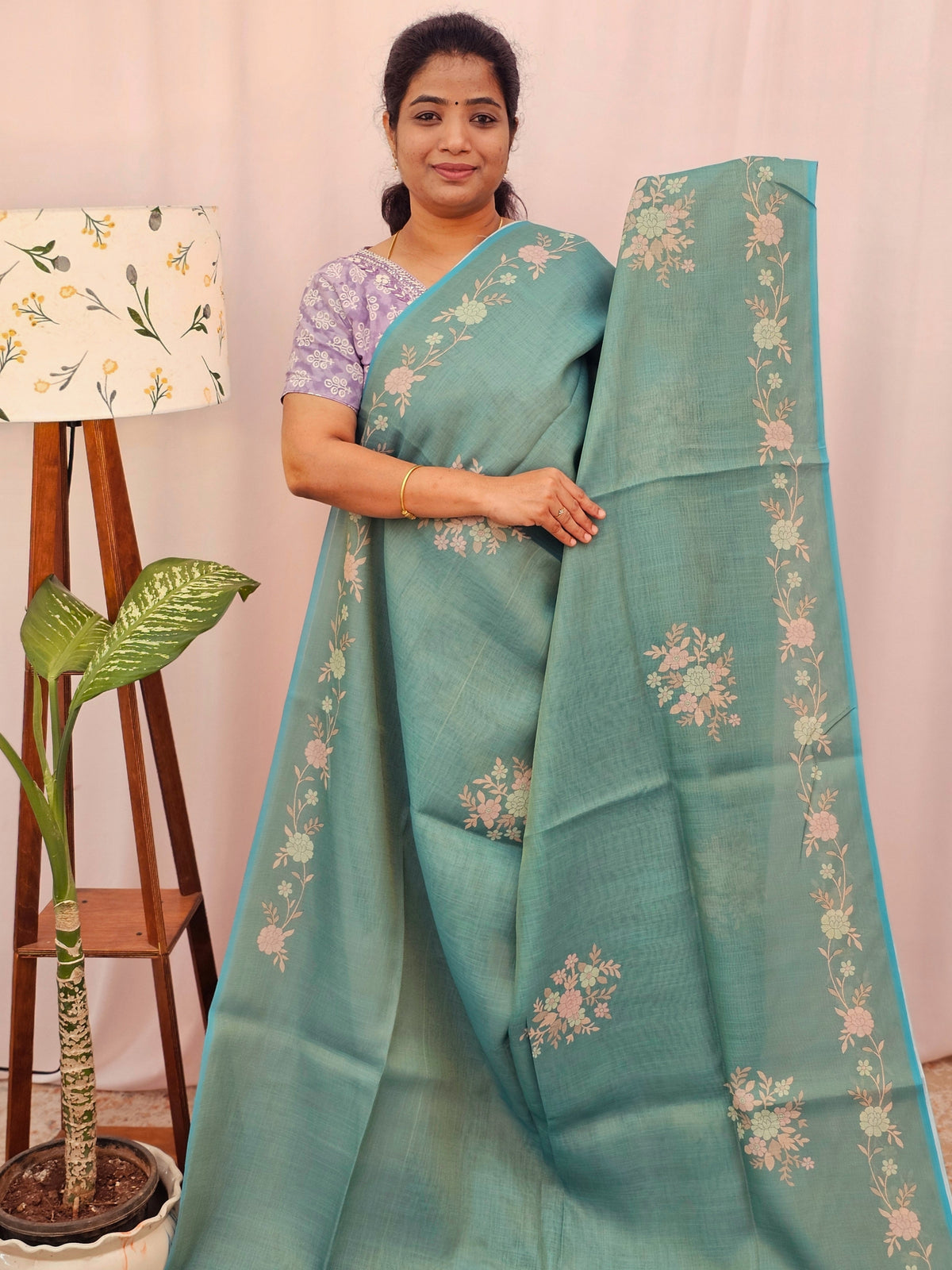 Linen Tissue with Zari Weaving Digital Printed Sarees - Sea Green