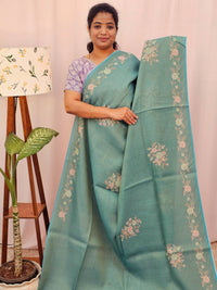 Linen Tissue with Zari Weaving Digital Printed Sarees - Sea Green