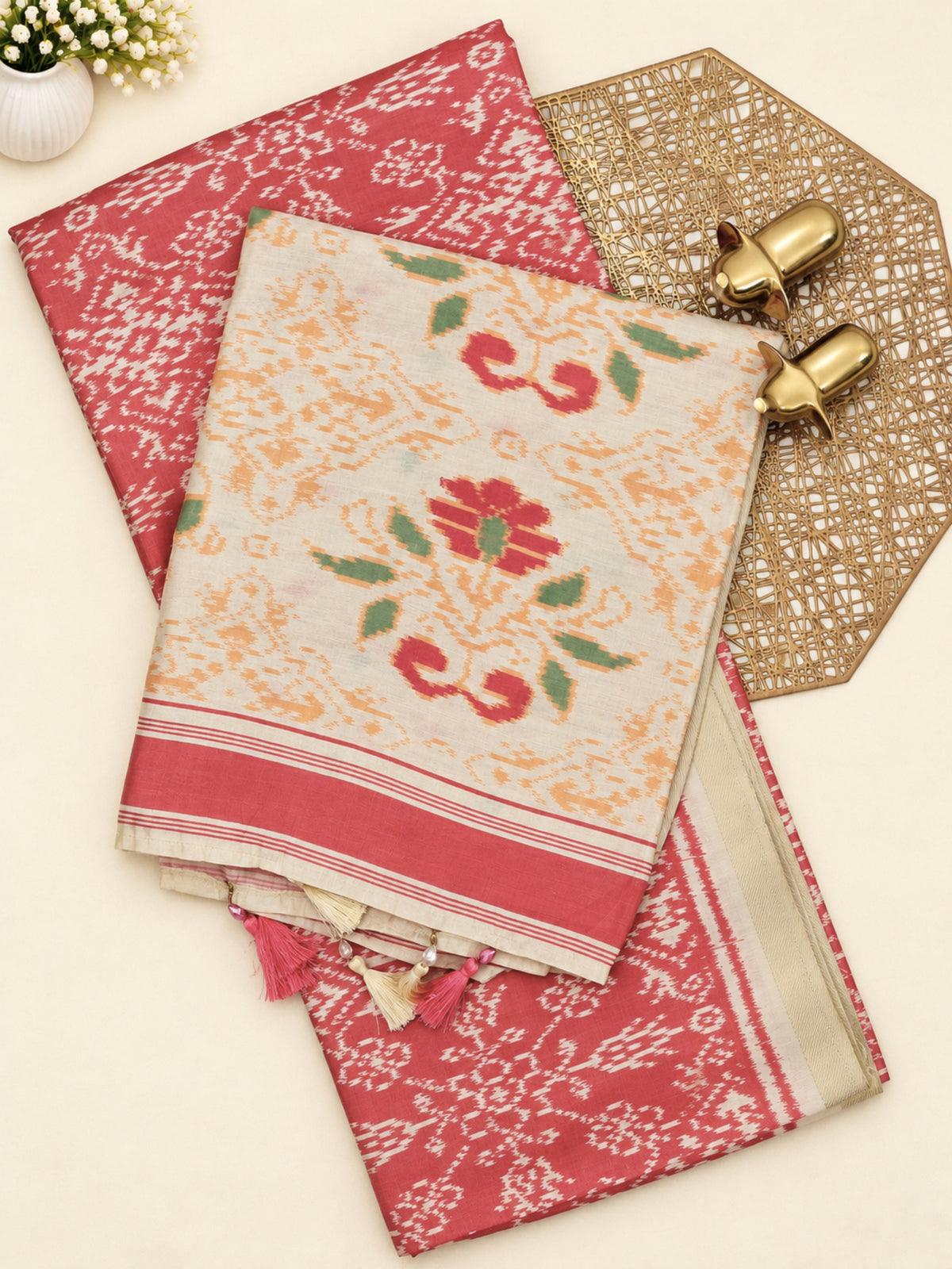 Patola Inspried Semi Tussar Saree  - Pastel  Peach