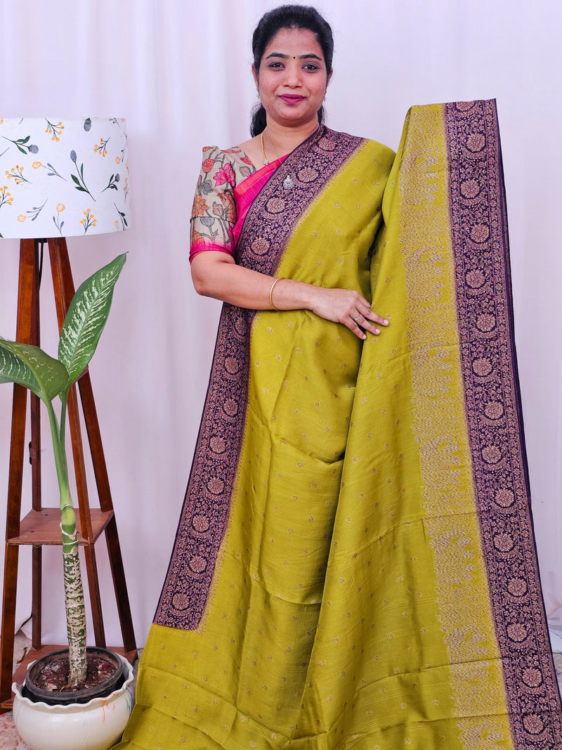 Jute Banarasi Silk Saree - Mustard Green with Purple