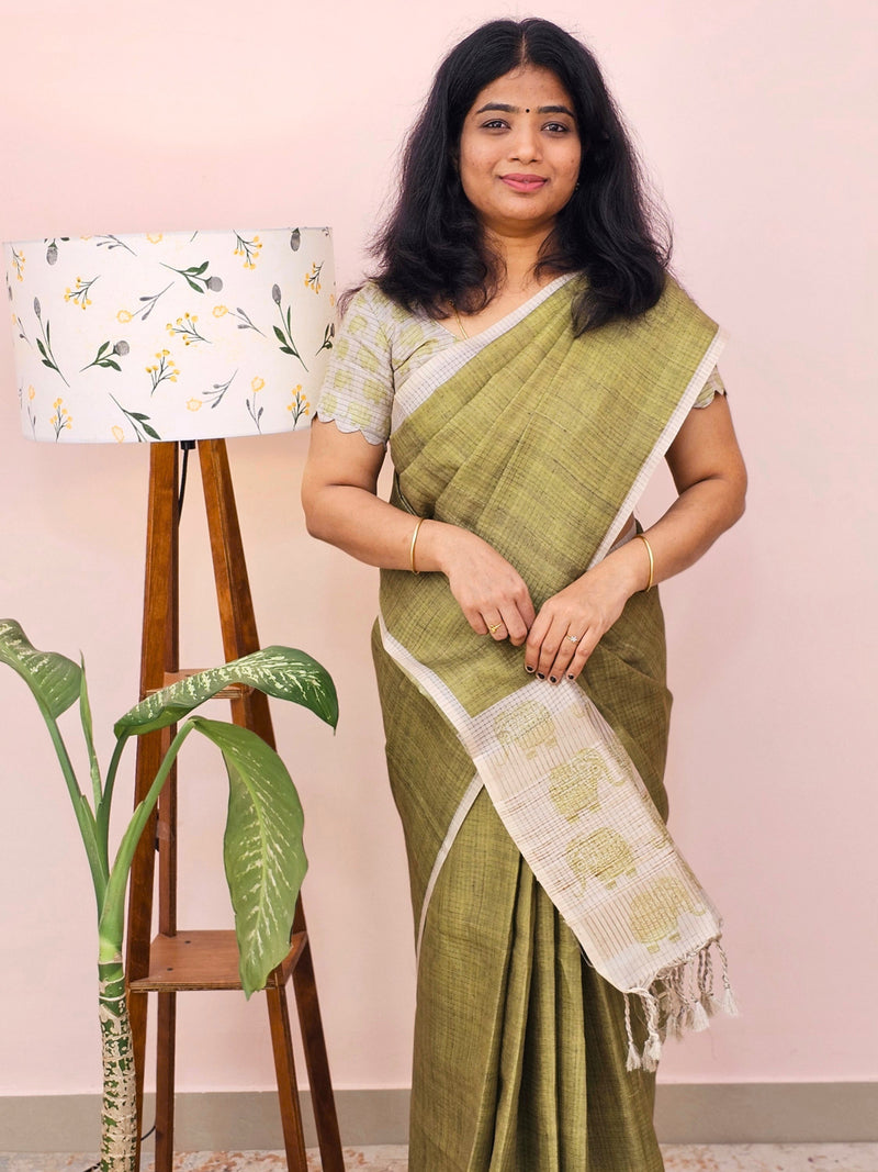 Casual Semi Tussar Checks Weave Saree - Green