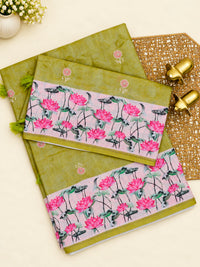 Linen Cotton with Emboridery Digital Printed Sarees - Mehndi Green