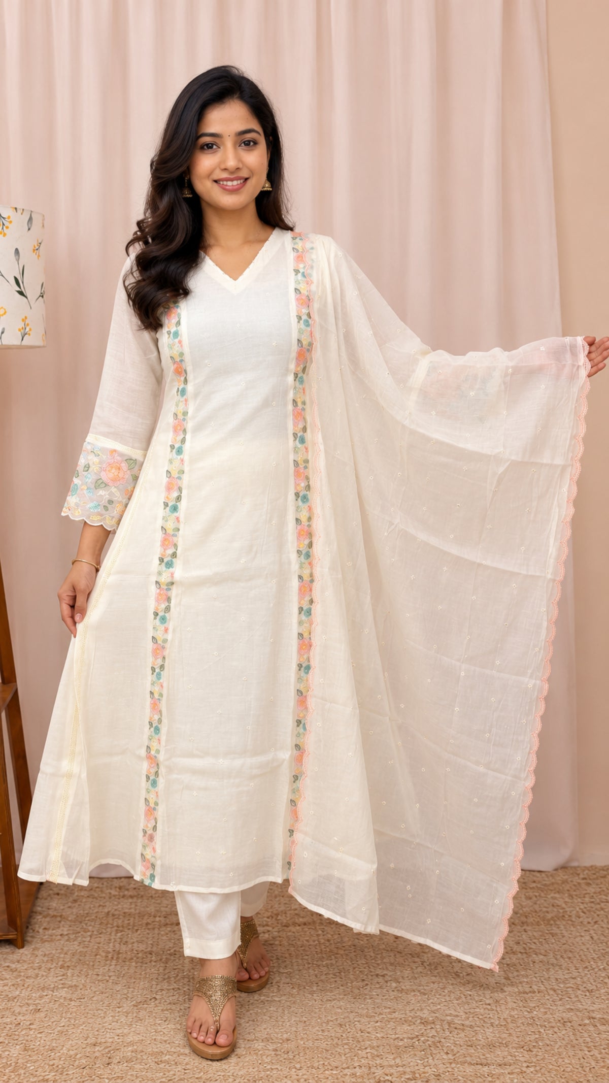 Premium Mul Chanderi 3 pcs Salwar Suit - White