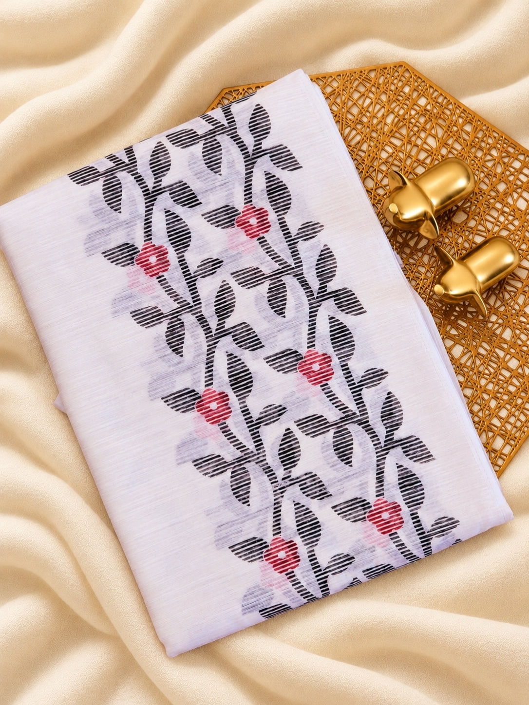 Casual Semi Tussar with Floral Border - White