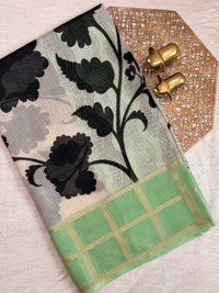 Premium Soft Semi Tussar Kota Weaving with Digital Prints - Cream with Green