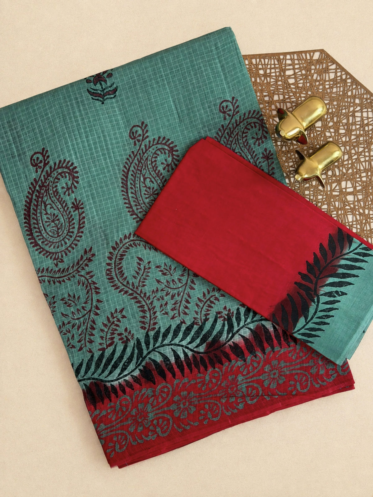 Pure Cotton with Checks Hand Block Prints - Green with Red