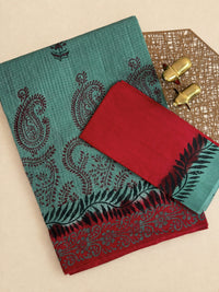 Pure Cotton with Checks Hand Block Prints - Green with Red