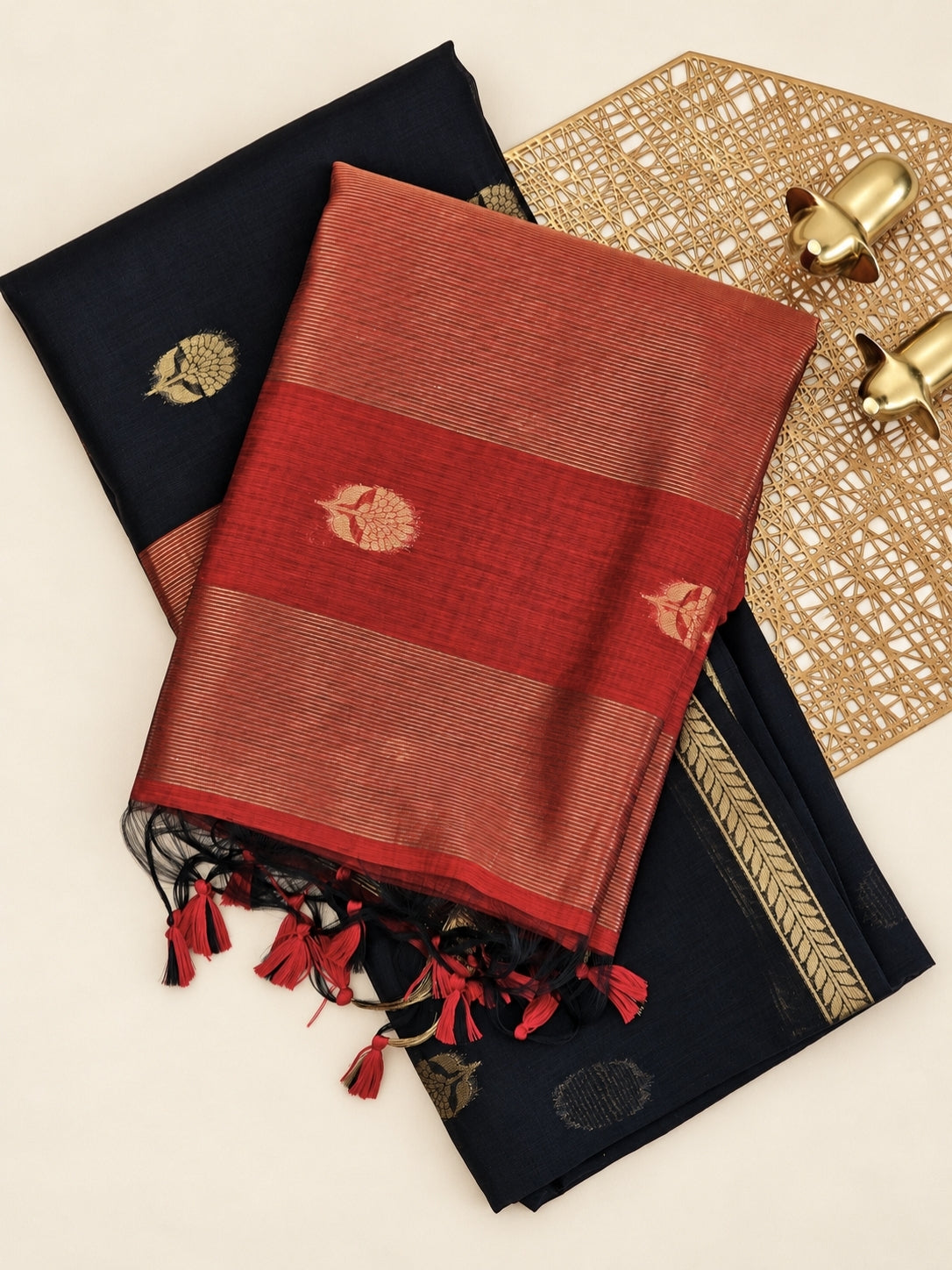 Semi Maheswari Silk Cotton Saree - Black with Maroon