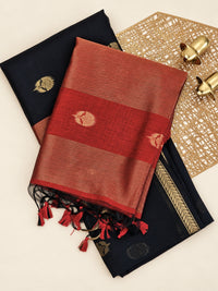 Semi Maheswari Silk Cotton Saree - Black with Maroon