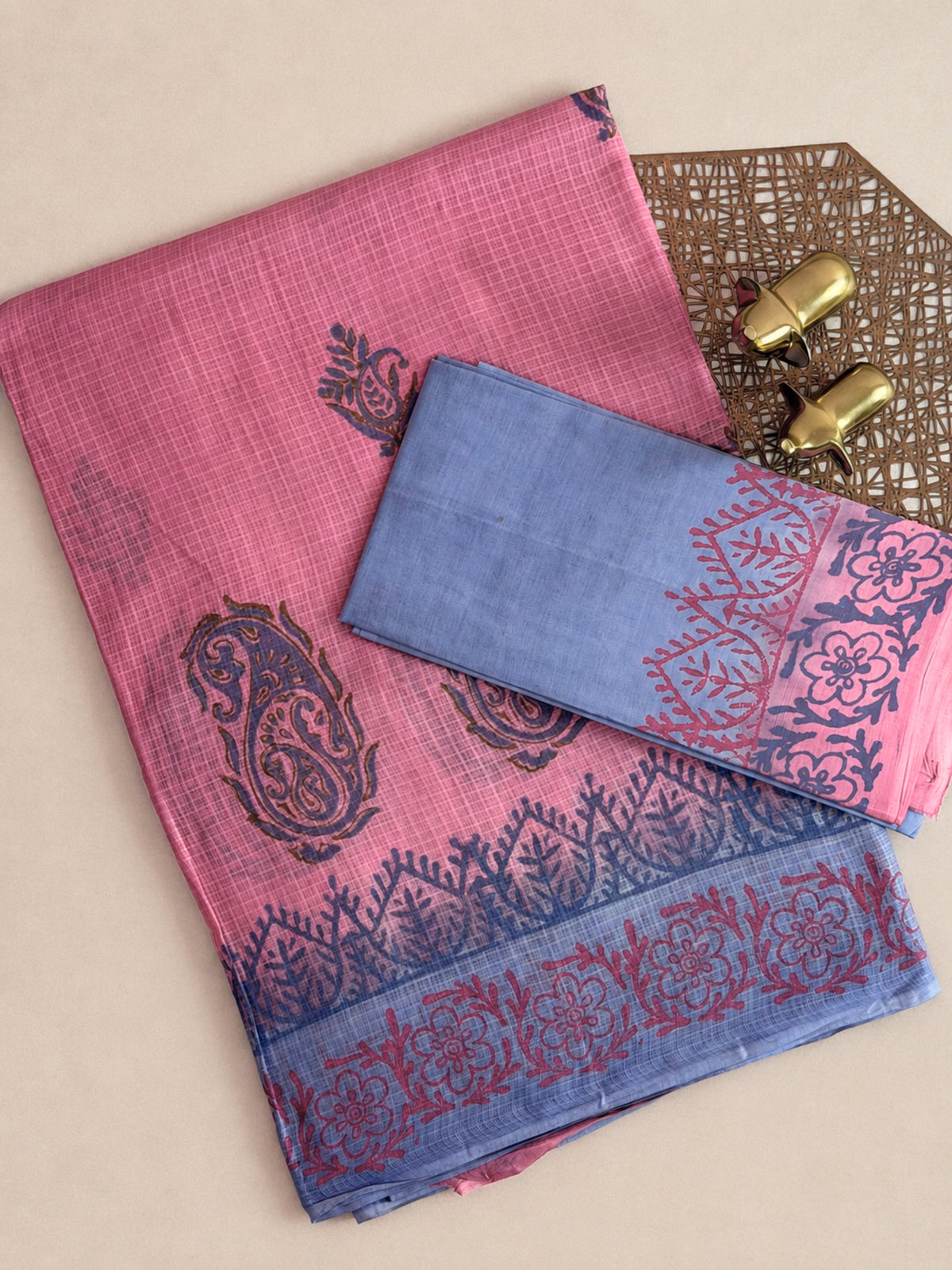 Pure Cotton with Checks Hand Block Prints - Pink with Blue