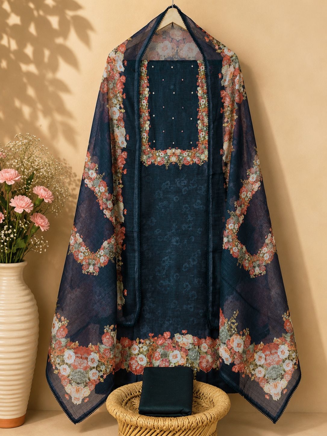 Semi Tussar Digital Prints Unstitched Salwar Suit  - Dark Peacock Blue