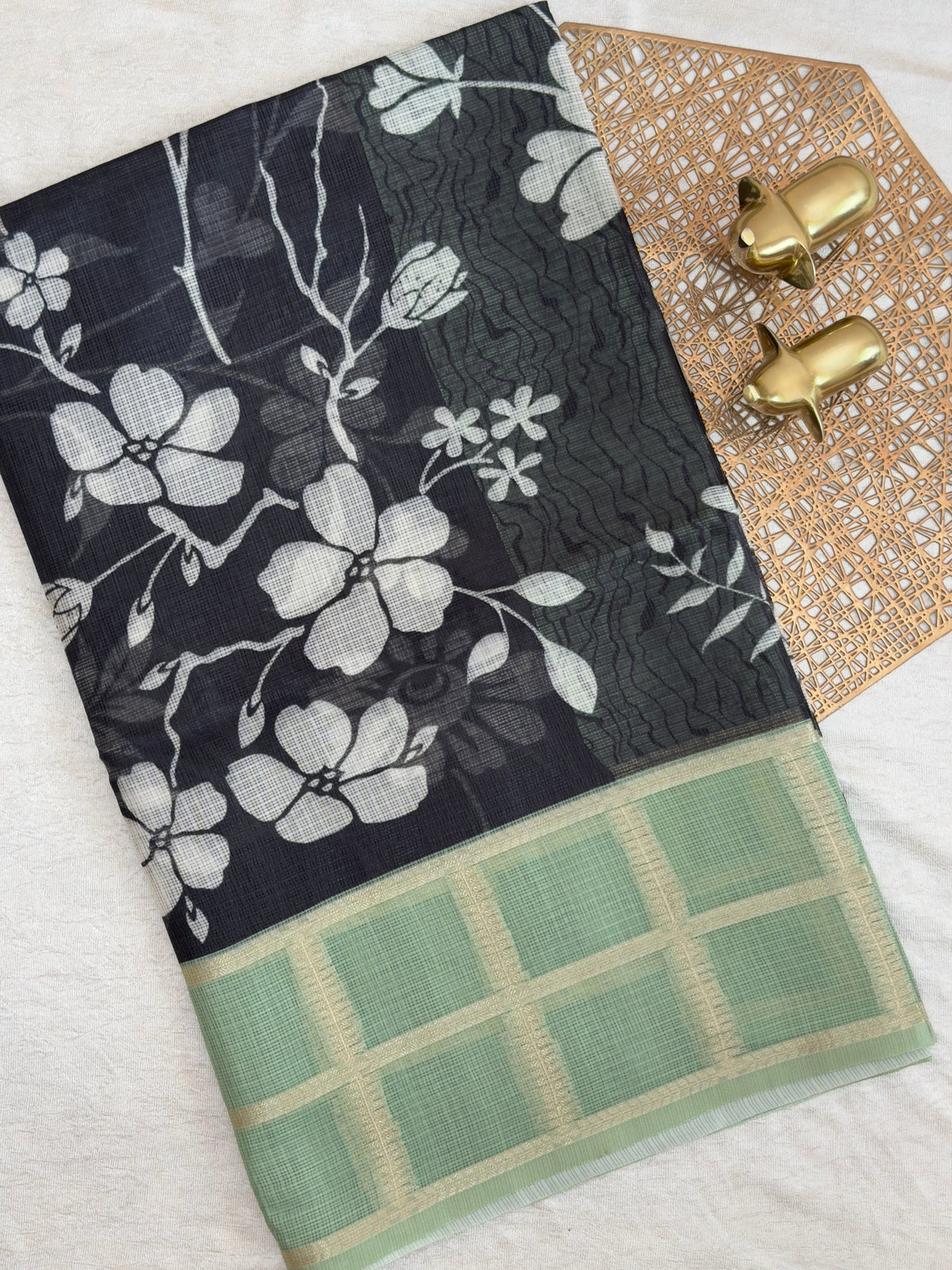 Premium Soft Semi Tussar Kota Weaving with Digital Prints - Black with Green