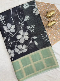 Premium Soft Semi Tussar Kota Weaving with Digital Prints - Black with Green