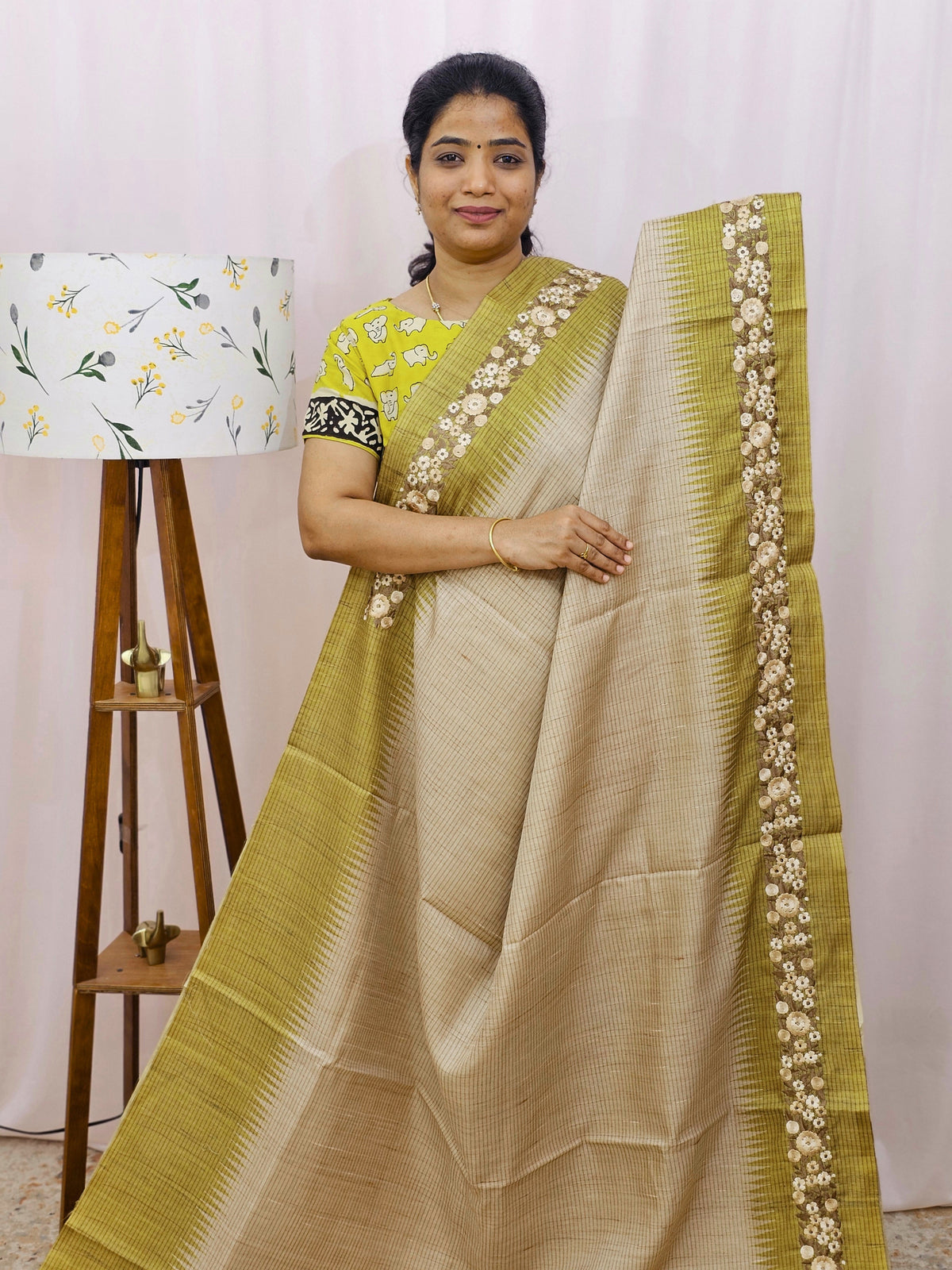 Premium Semi Tussar with  Heavy Floral Emboridery Saree - Mehndi Green