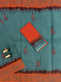 Pure Cotton with Hand Block Prints - Dark Green with Orange
