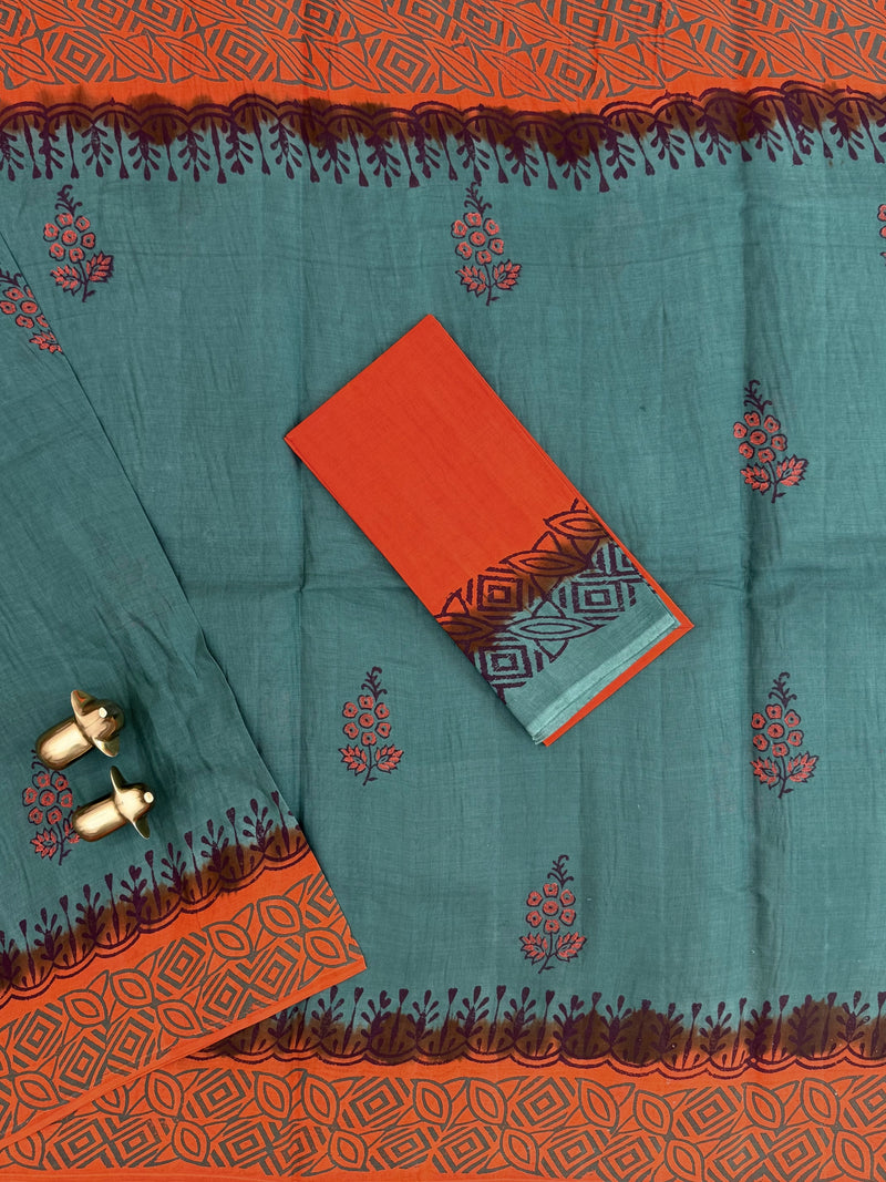 Pure Cotton with Hand Block Prints - Dark Green with Orange