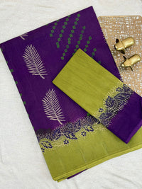 Pure Cotton with Hand Block Prints - Purple with Green