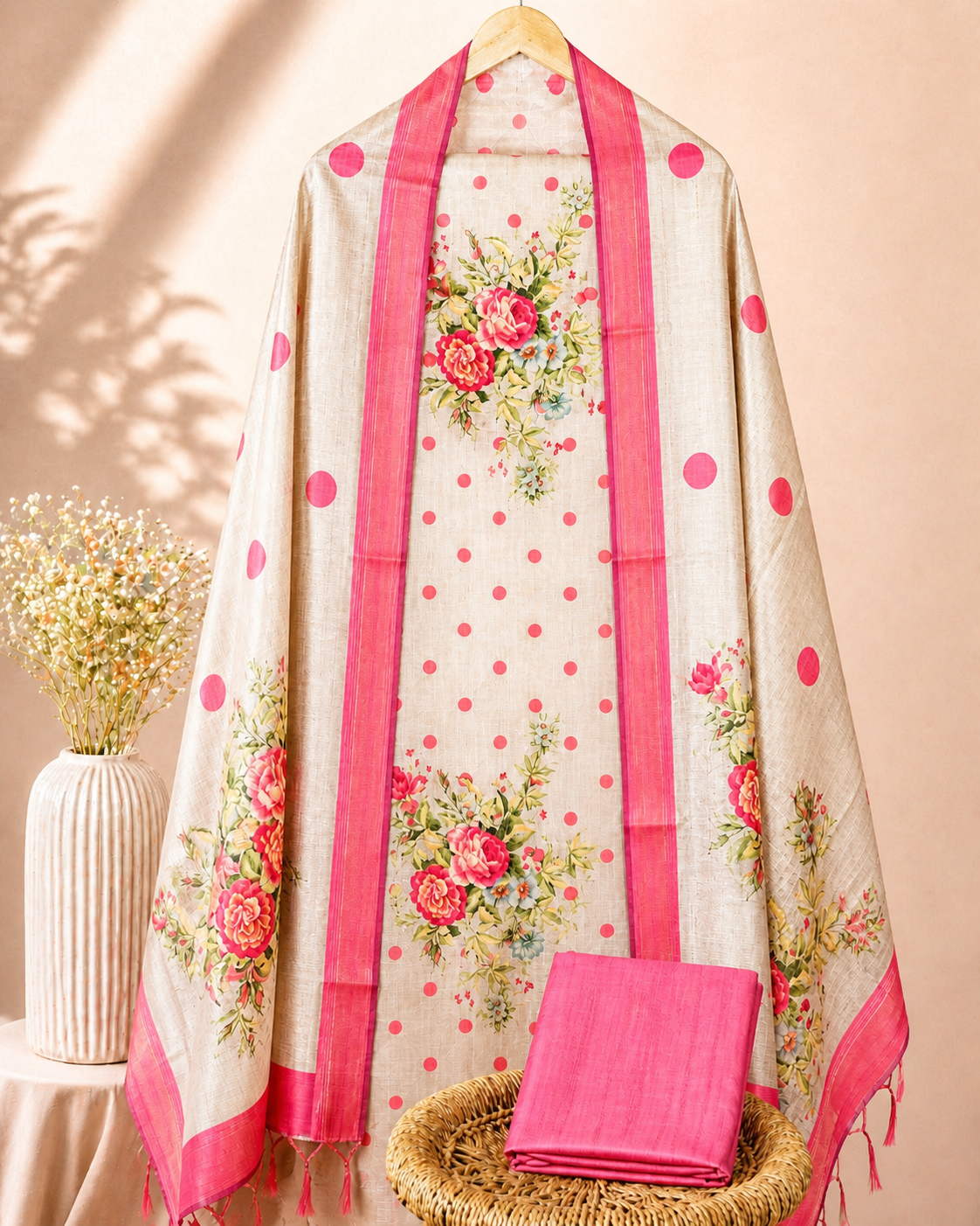 Semi Tussar Floral Polka Digital Prints Unstitched Salwar Set – Pink