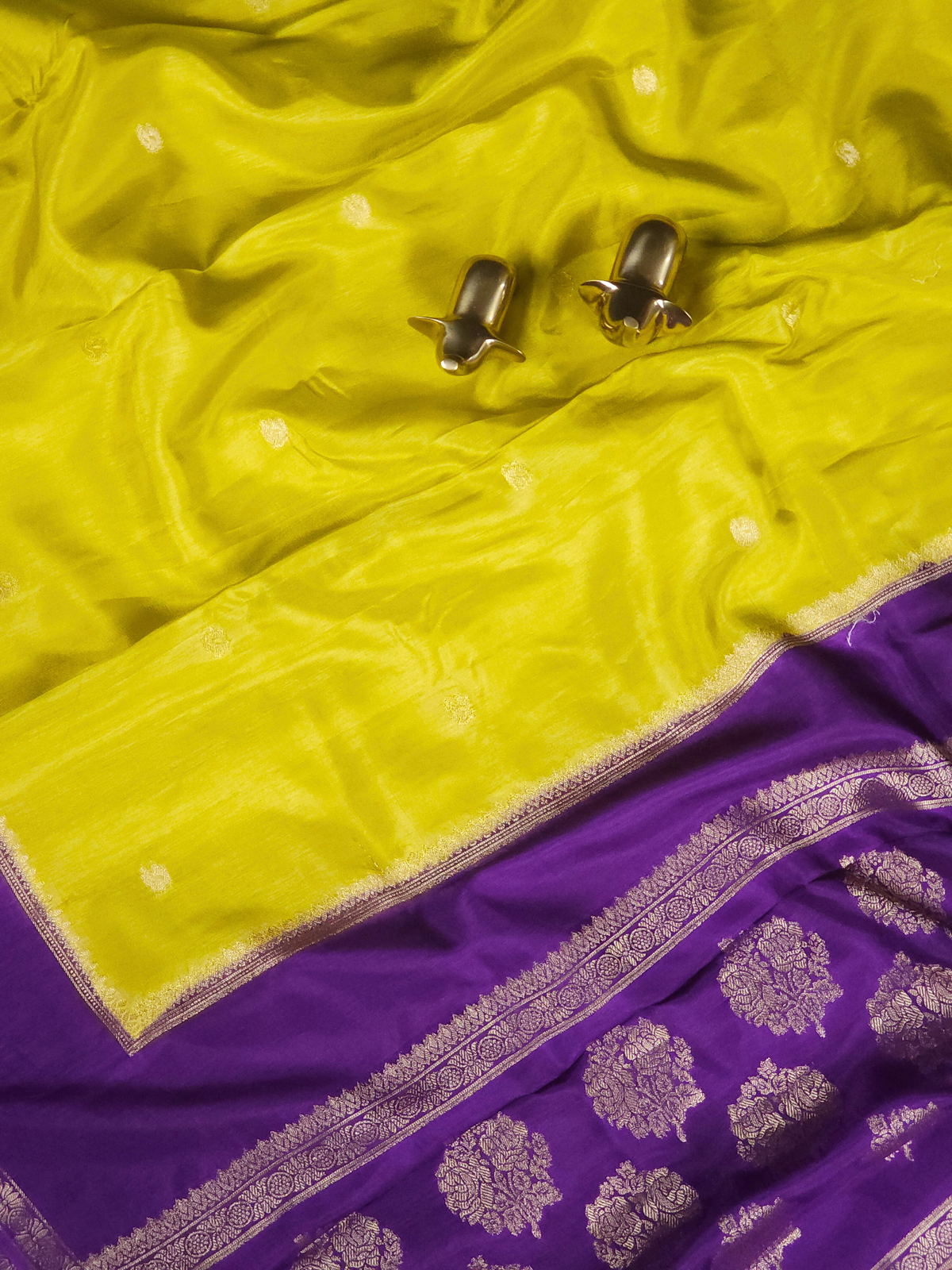 Semi Mysore Crepe Silk Saree -Yellow with Purple