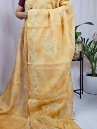 Linen Tissue with Aari Work - Mustard Yellow