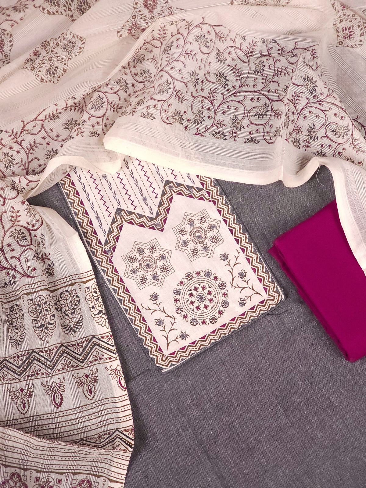 Cotton Unstitched Salwar - Grey with Magenta Pink