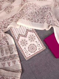 Cotton Unstitched Salwar - Grey with Magenta Pink