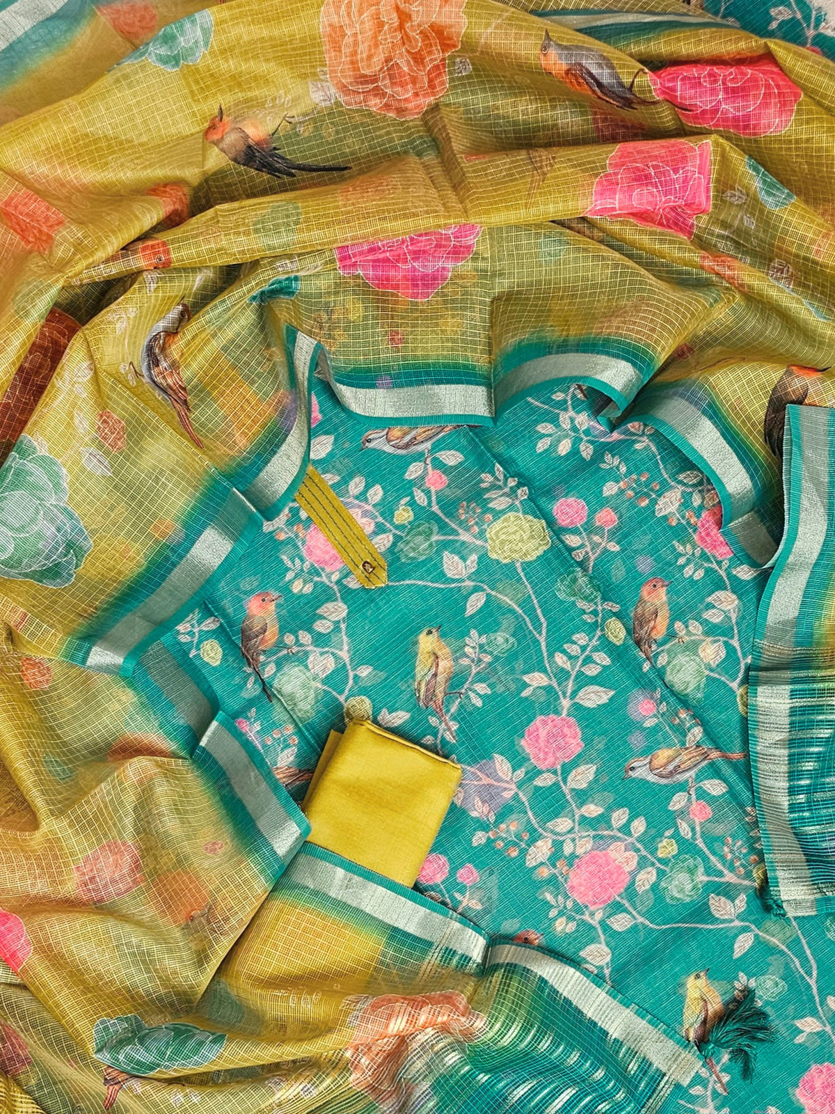 Semi Tussar Kota Weaving Unstitched Salwar - Rama Green with Green