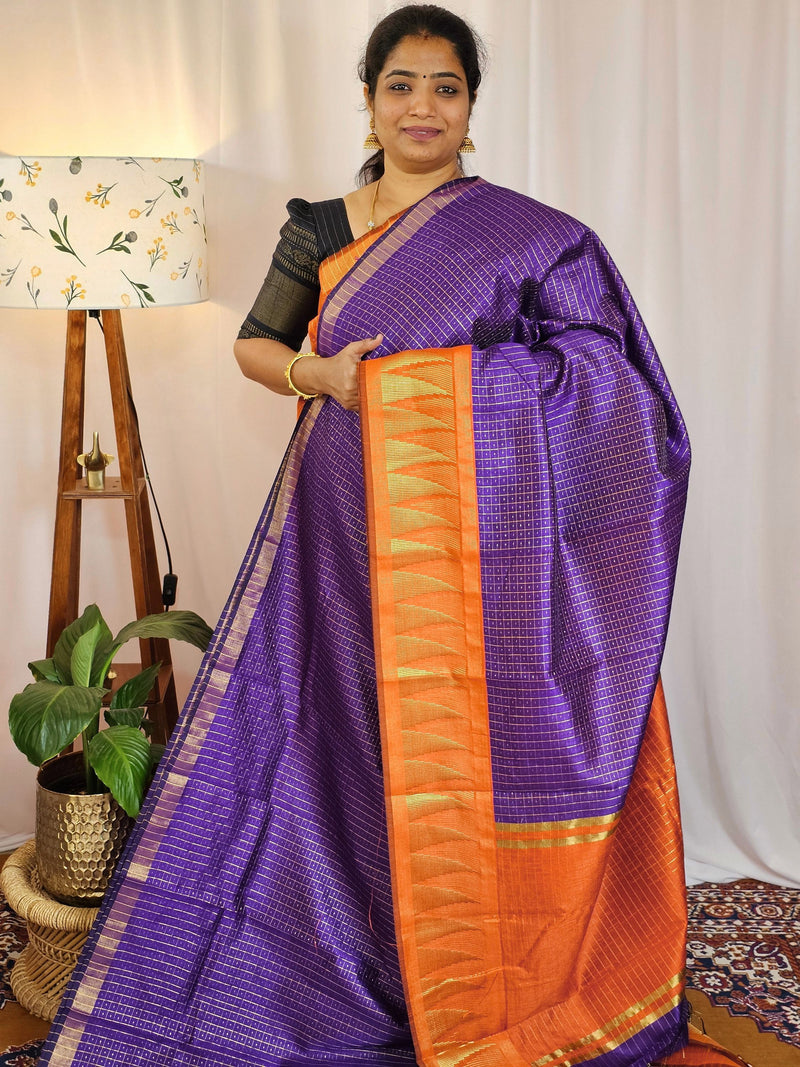 Semi Raw Silk Saree - Purple with Orange