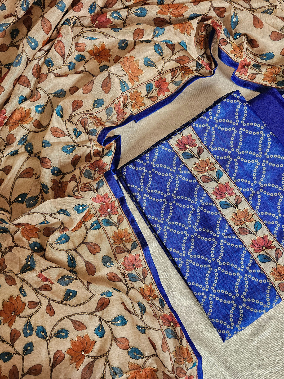 Chanderi with Kantha Unstitched Salwar Suit - Blue