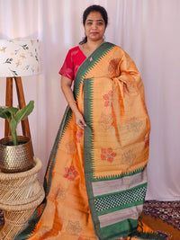 Premium Soft Semi Tussar with Digital Prints - Orange with Green
