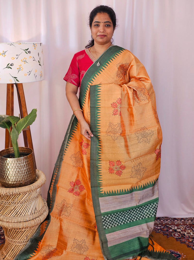 Premium Soft Semi Tussar with Digital Prints - Orange with Green