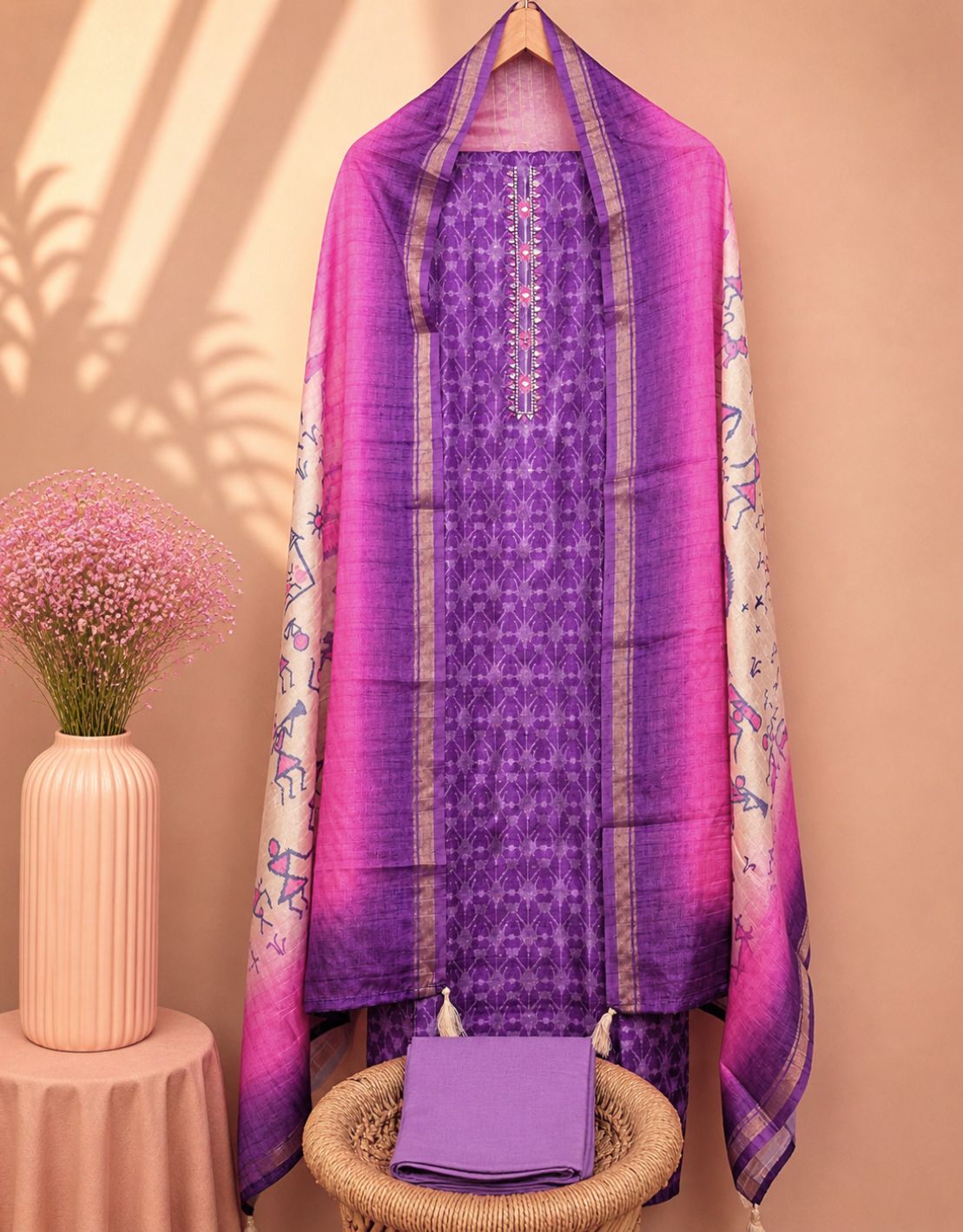 Soft Semi Tussar Unstitched Salwar Set – Purple