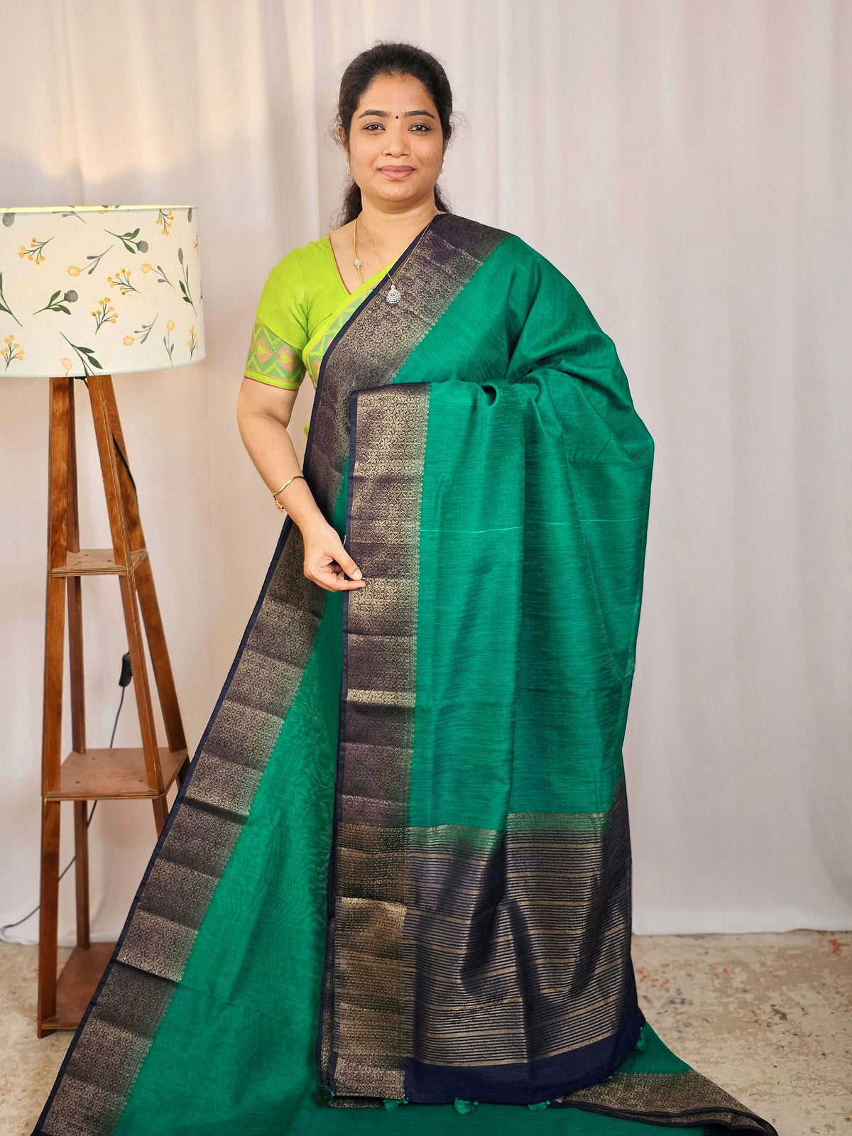 Jute Banarasi Saree - Dark Sea Green with Blue