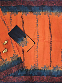 Pure Cotton with Hand Block Prints - Orange with Dark Grey