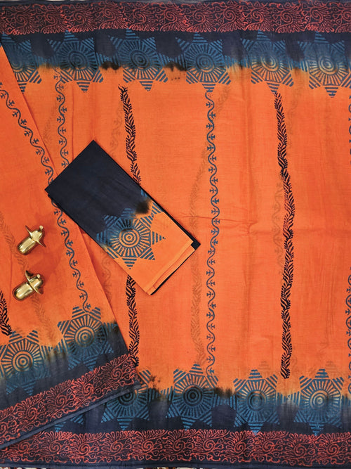 Pure Cotton with Hand Block Prints - Orange with Dark Grey