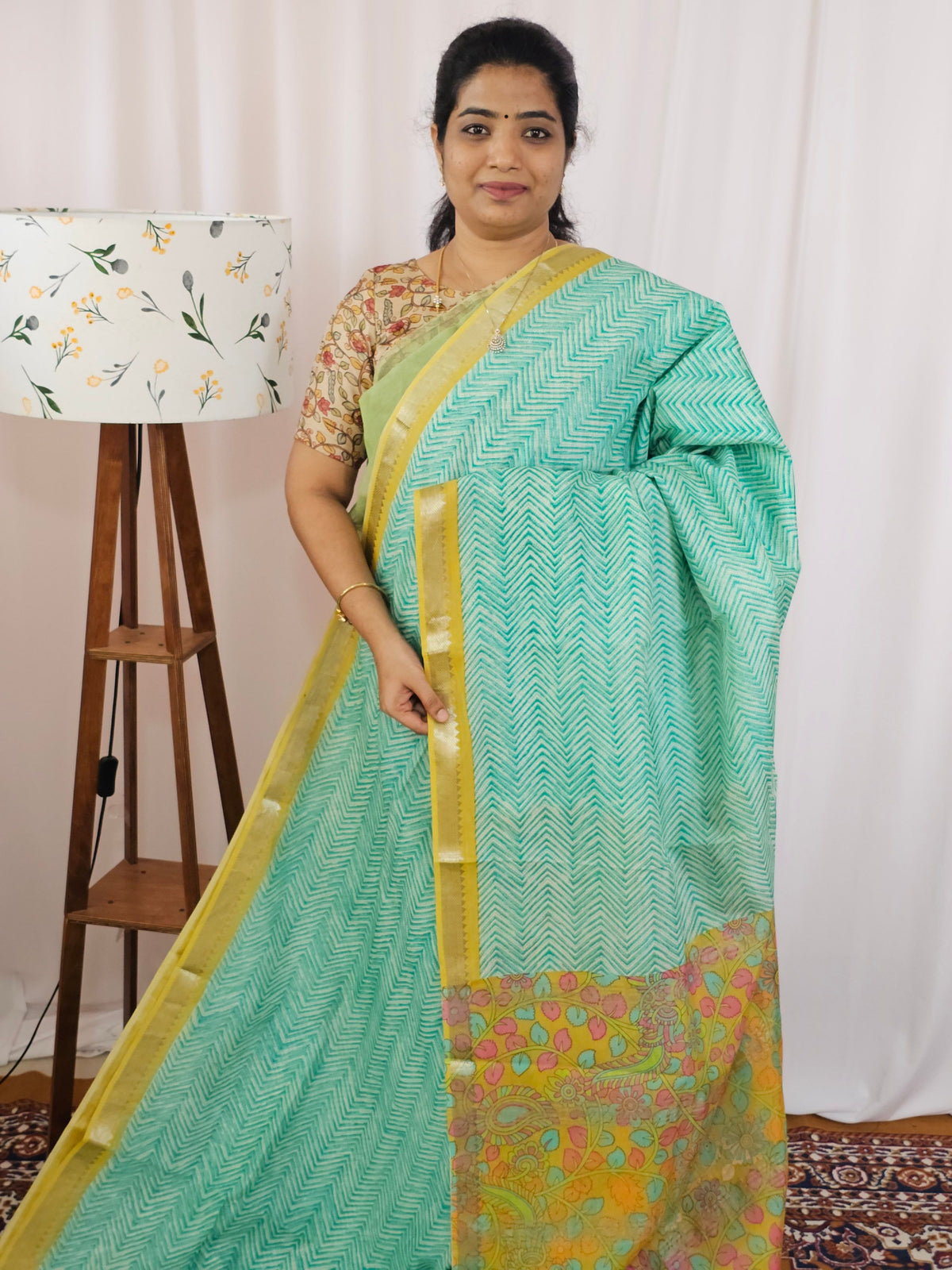 Handwoven Mangalagiri Pattu Saree with Digital Prints  - Green with Yellow
