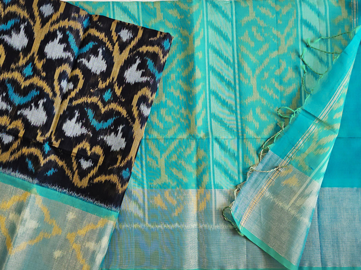 Black with Sky Blue Pochampally Ikkat Silk Cotton (SICO Pattu)